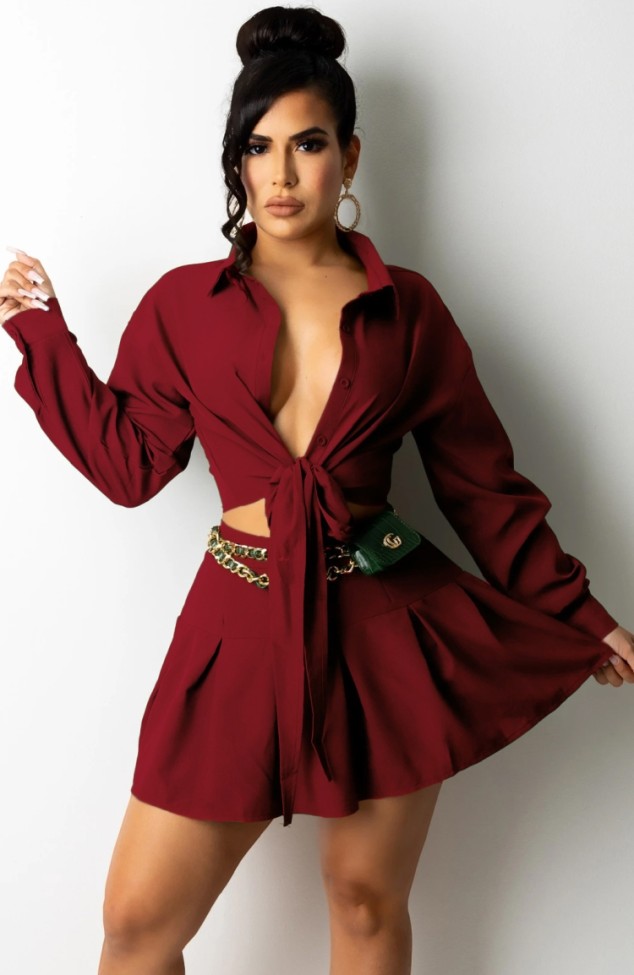 Red Knotted Long Sleeve Blouse and Pleated Mini Skirt Two Piece Set