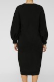 Black Bubble Sleeve Drop Shoulder O-Neck Long Dress