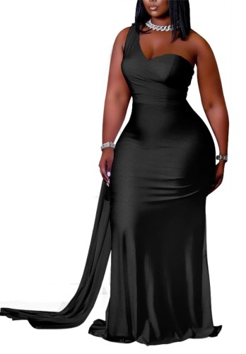 Plus Size Black One Shoulder Slinky Maxi Dress