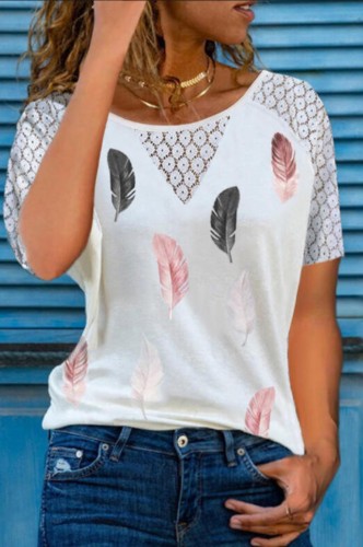 Lace Splicing Hollow Out Leaf Print White Top