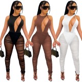 White Cut Out Mesh O-Neck Sleeveless Bodycon Jumpsuit
