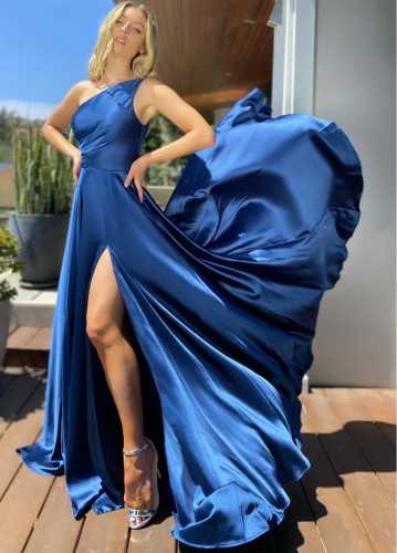 Blue One Shoulder Slit Silk Elegant Evening Dress