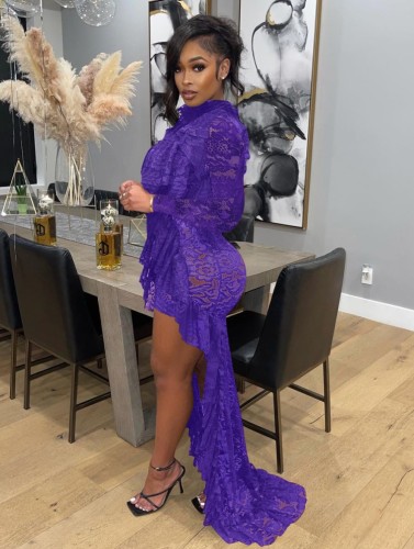 Purple Lace Frill Long Sleeves Long Dress