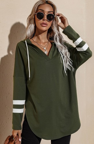 Green V-Neck Long Sleeves Side Slit Hoody Shirt