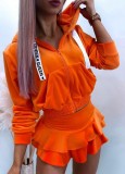 White Letter Rope Long Sleeve Zipper Open Orange Hoody Top and Ruffles Mini Skirt Two Piece Set
