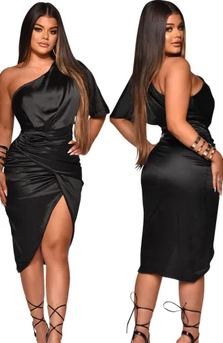 Black Silk Ruched One Shoulder Irregular Midi Dress