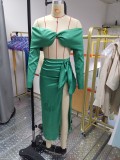 Green Satin Off Shoulder Crop Top and Slit Irregular Long Skirt Two Piece Set