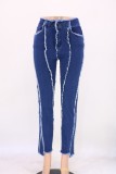 Dark Blue Patchwork High Wasit Jeans with Pocket