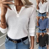 Waffle Black V-Neck Long Sleeve Basic Top