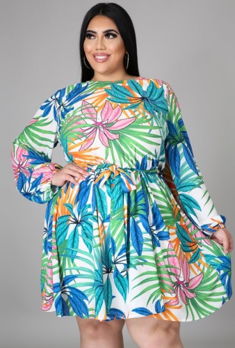 Plus Size Leaf Print Green Long Sleeve Shirring Dress with Belt