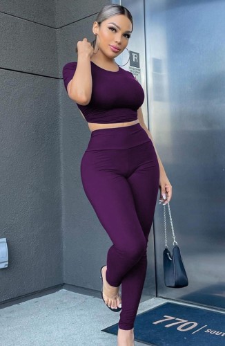 Purple Short Sleeve O-Neck Tight Crop Top and Pant Two Piece Set