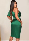 Green Silk Ruched One Shoulder Irregular Midi Dress