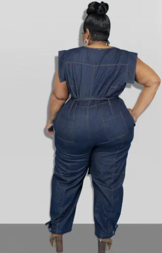 Plus Size Sleeveless Belted Denim Jumpsuit