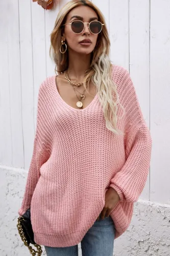Pink V-Neck Drop Shoulder Loose Crochet Sweater Top