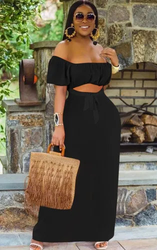 Black Off Shoulder Cut Out Knotted Maxi Dress
