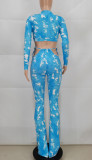 Print Blue Tight Long Sleeves Crop Top and Cut Out Pants Two Piece Set