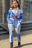 Print Long Sleeve Zipper Crop Top and Pants 2PCS Set