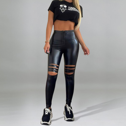 Black Ripped PU Leather Zipper Front Tight Pants