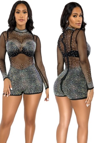 Black Beaded Mesh Long Sleeves Skinny Rompers