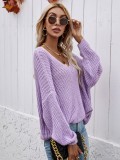 Purple V-Neck Drop Shoulder Loose Crochet Sweater Top