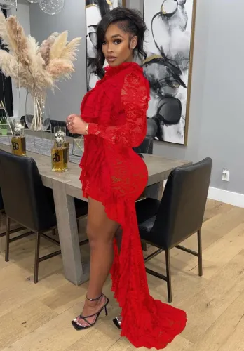 Red Lace Frill Long Sleeves Long Dress