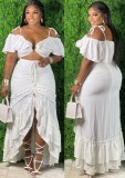 Plus Size White Off Shoulder O-Ring Irregular Frill Ruched Long Dress