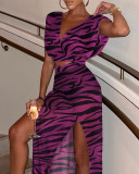 Zebra Print Purple V-Neck Short Sleeve Crop Top and Slit Skirt Two Piece Set