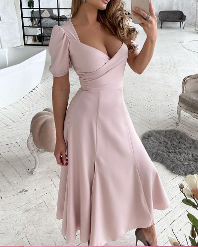 Pink V-Neck Short Sleeve Slit Long Dress