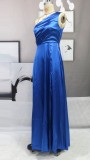 Blue One Shoulder Slit Silk Elegant Evening Dress
