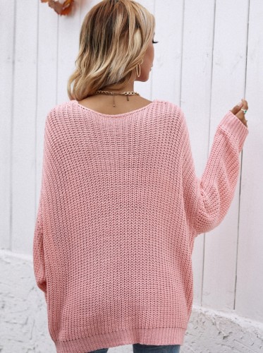 Pink V-Neck Drop Shoulder Loose Crochet Sweater Top