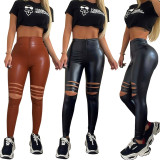 Brown Ripped PU Leather Zipper Front Tight Pants