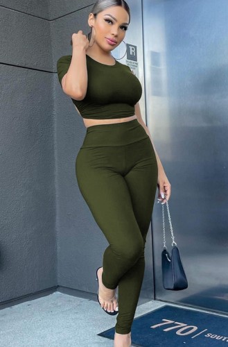 Green Short Sleeve O-Neck Tight Crop Top and Pant Two Piece Set