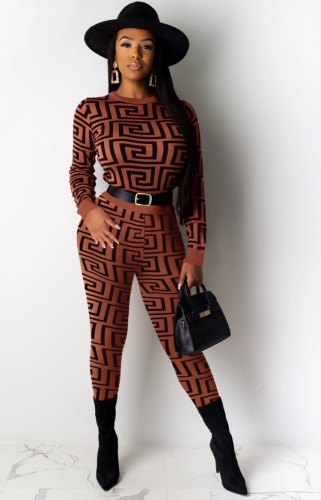 Black and Brown Printed Long Sleeve O-Neck Sheath Top and Pant Two Piece Set without Belt