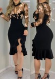 Gold and Black Sequin Patch Keyhole Mesh Sleeve Mermaid Dress