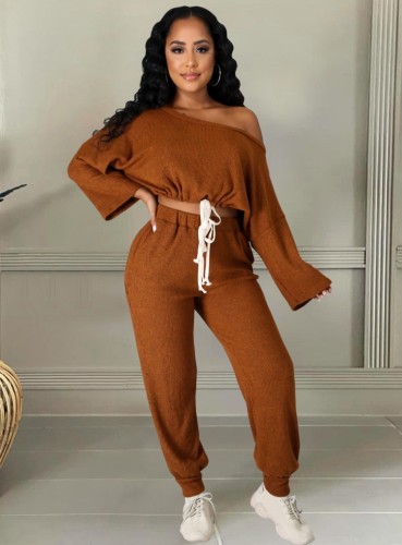 Brown Skew Neck Drawstring Crop Top and Pant Two Piece Set