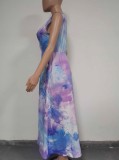 Tie Dye Purple Sleeveless V-Neck Slit Maxi Dress
