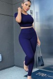 Blue Short Sleeve O-Neck Tight Crop Top and Pant Two Piece Set