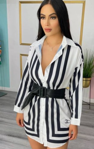 White and Black Stripe Long Sleeve Mini Blouse Dress without Belt
