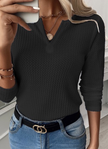 Waffle Black V-Neck Long Sleeve Basic Top