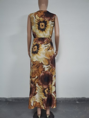 Floral Brown Sleeveless V-Neck Slit Maxi Dress