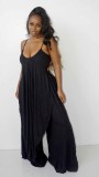 Black Irregular Long Cami Top and Wide Pants Two Piece Set
