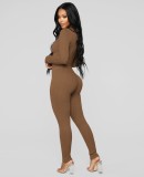 Brown Long Sleeve O-Neck Sheath Top and Pant Two Piece Set