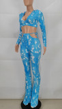Print Blue Tight Long Sleeves Crop Top and Cut Out Pants Two Piece Set
