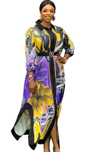African Print Side Slit Button Up Long Sleeves Blouse Dress