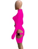 Pink Buckle Cut Out Zipper Collar Long Sleeve Bodycon Romper