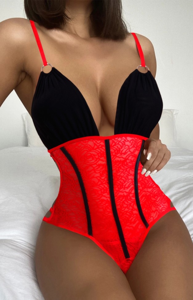 One Piece Red and Black Lace Cami Sexy Teddies Lingerie
