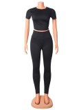 Black Short Sleeve O-Neck Tight Crop Top and Pant Two Piece Set