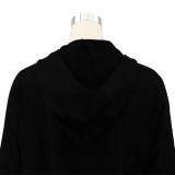 Black Zipper Open Long Sleeve Irregular Hoody Top and Pant Two Piece Set