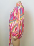 Plus Size Colorful Bubble Sleeve Knotted Blouse Dress