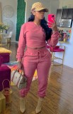 Pink Long Sleeves O-Neck Crop Top and Drawstring Sweatpants Two Piece Set